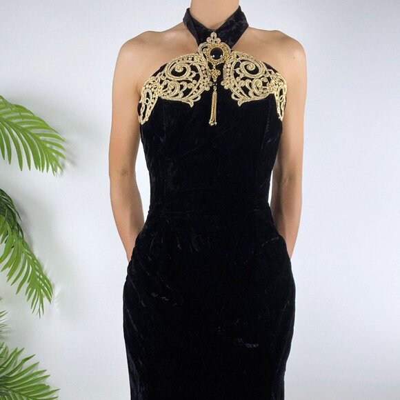Vintage 90s Black Velvet Whimsygoth Romantic Gothic Halter Evening Prom Dress /6 - Picture 4 of 12